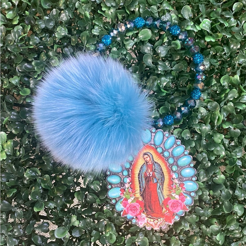 BRAND NEW WITH TAGS Turquoise Guadalupe Beaded Pom Pom Keychain